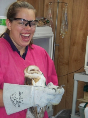 Volunteer Amanda with a rehab owl