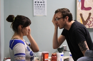 A volunteer checks peripheral vision