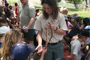 Interpreter educating children about snakes